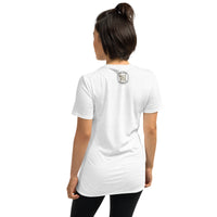 The back view of an attractive woman wearing a white t-shirt with a small gold and black Ink Union badge Logo centered just under the neckline.