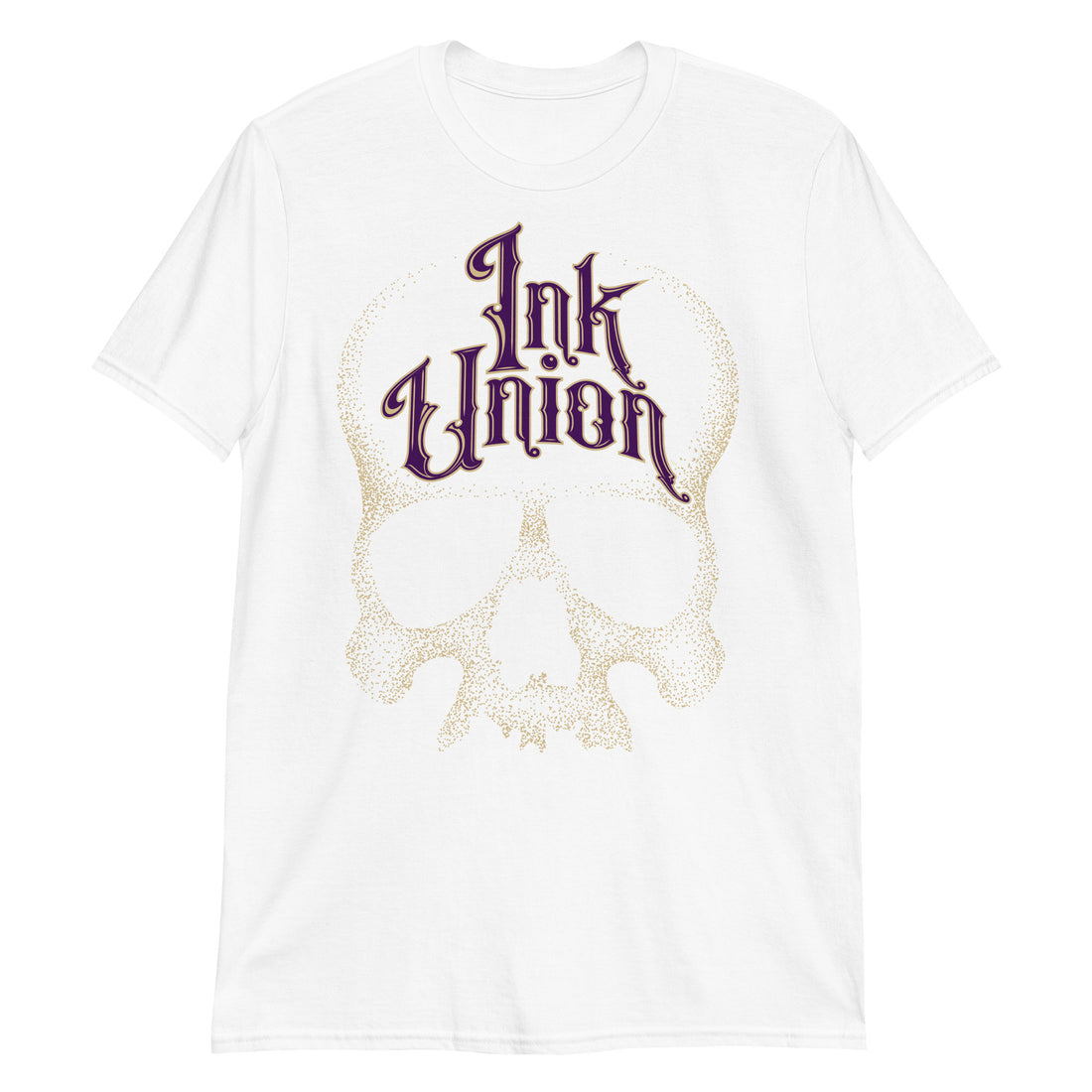 A white t-shirt adorned with a gold dot work human skull  and the words Ink Union in fancy gold and purple lettering across the forehead of the skull.