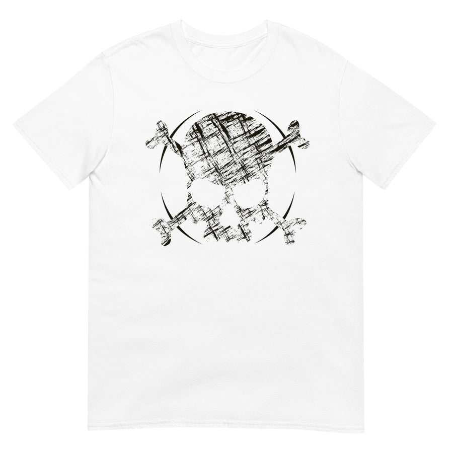 A white t-shirt adorned with a roughly cross-hatched skull and crossbones in black.  Solid black arcs give the image the impression of movement towards the end of the crossbones.