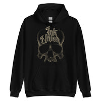 A black hoodie adorned with a gold dot work human skull and the words Ink Union in fancy gold and black lettering across the forehead of the skull.