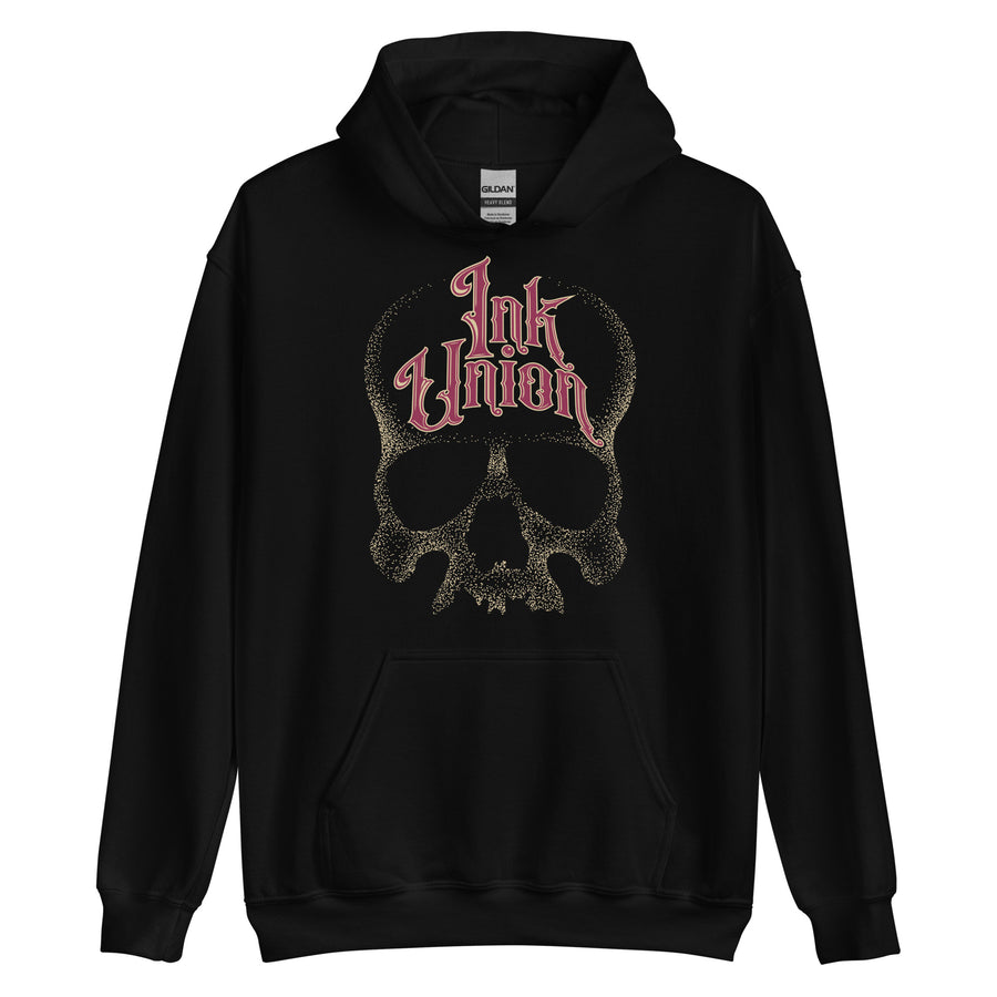 A black hoodie adorned with a gold dot work human skull and the words Ink Union in fancy gold and red lettering across the forehead of the skull.