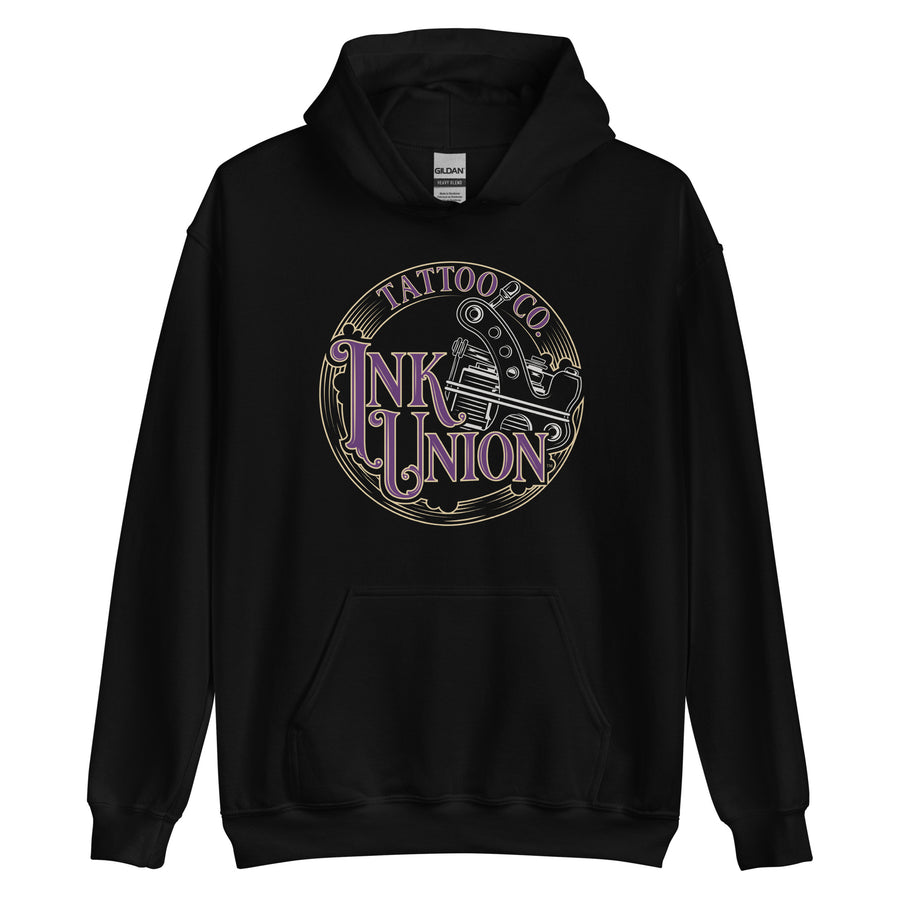 A black hoodie adorned with the Ink Union Tattoo Co.  purple and gold with a silver tattoo machine logo.