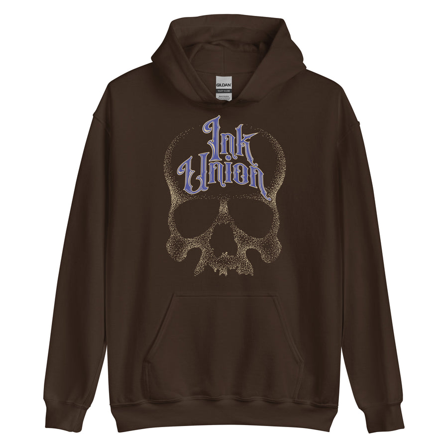 A dark brown hoodie adorned with a gold dot work human skull and the words Ink Union in fancy gold and blue lettering across the forehead of the skull.
