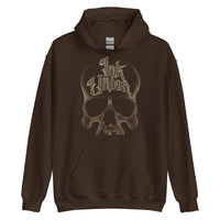 A dark brown hoodie adorned with a gold dot work human skull and the words Ink Union in fancy gold and black lettering across the forehead of the skull.