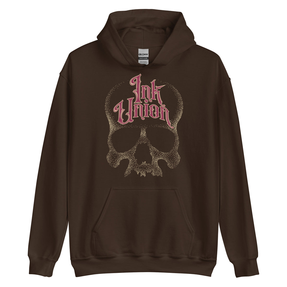 A dark brown hoodie adorned with a gold dot work human skull and the words Ink Union in fancy gold and red lettering across the forehead of the skull.