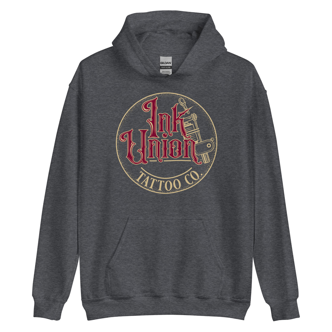 A dark grey hoodie with a gold circle containing fancy lettering in red and gold that says Ink Union and a gold tattoo machine peeking out from behind on the right side.  There is a dot work gradient inside the circle, and the words Tattoo Co. in gold are at the bottom of the design.