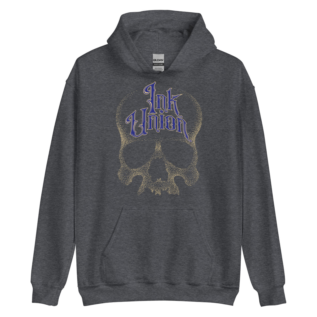 A dark grey hoodie adorned with a gold dot work human skull and the words Ink Union in fancy gold and blue lettering across the forehead of the skull.