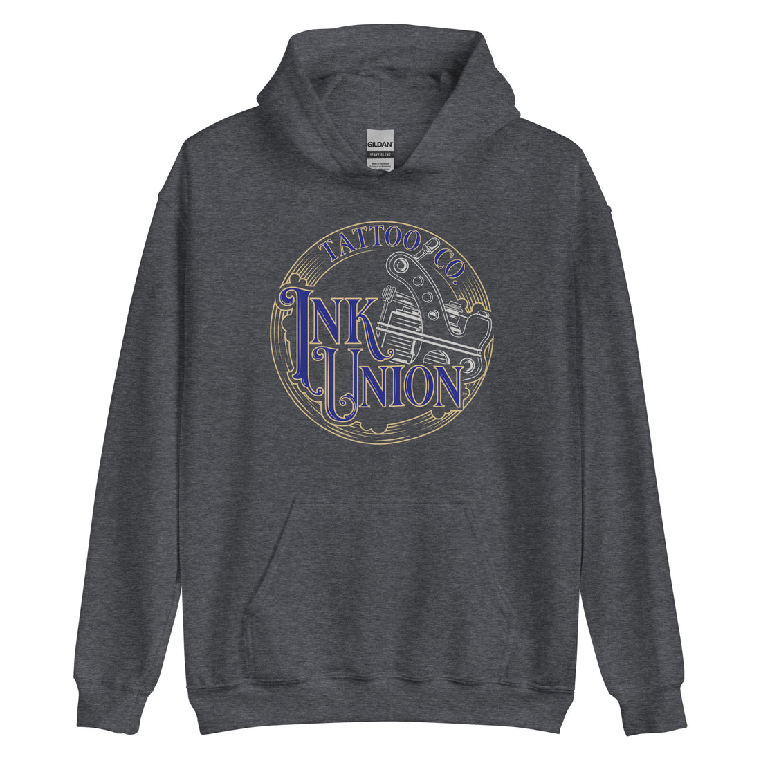 A dark grey hoodie adorned with the Ink Union Tattoo Co. blue and gold with a silver tattoo machine logo.