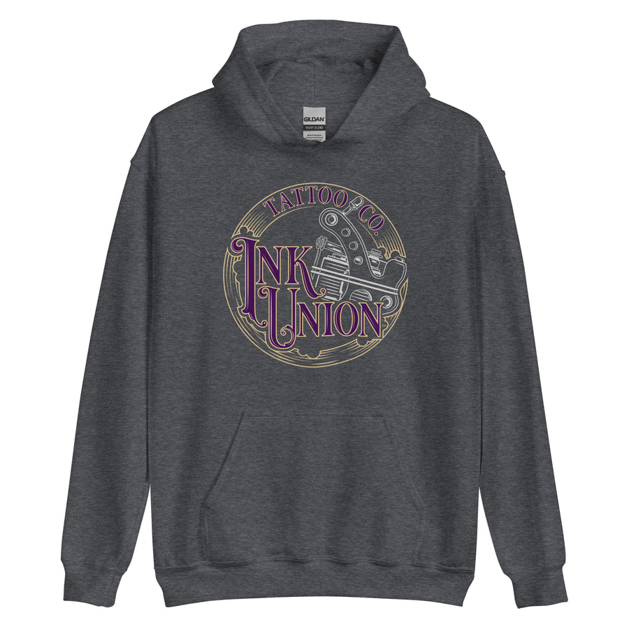 A dark grey hoodie adorned with the Ink Union Tattoo Co.  purple and gold with a silver tattoo machine logo.