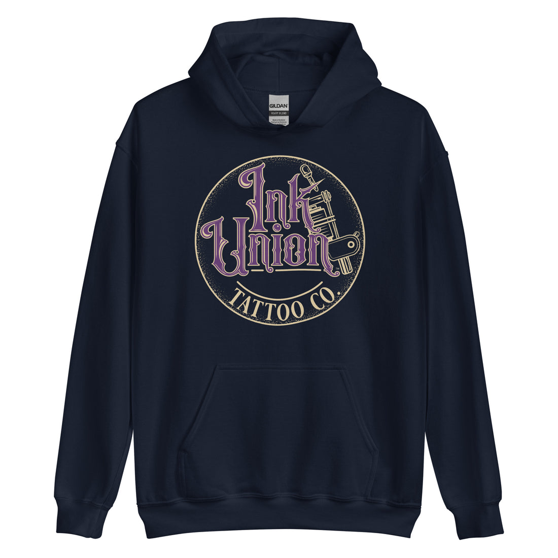 A navy blue hoodie with a gold circle containing fancy lettering in purple and gold that says Ink Union and a gold tattoo machine peeking out from behind on the right side.  There is a dot work gradient inside the circle, and the words Tattoo Co. in gold are at the bottom of the design.