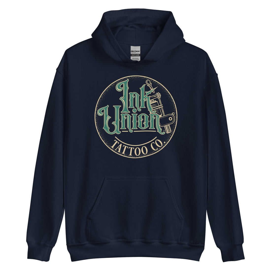 A navy blue hoodie with a gold circle containing fancy lettering in green and gold that says Ink Union and a gold tattoo machine peeking out from behind on the right side.  There is a dot work gradient inside the circle, and the words Tattoo Co. in gold are at the bottom of the design.
