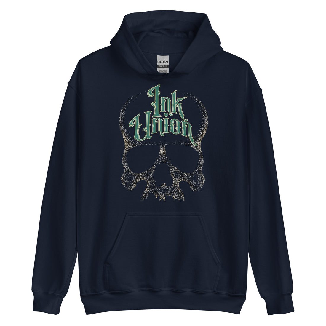 A navy blue hoodie adorned with a gold dot work human skull and the words Ink Union in fancy gold and green lettering across the forehead of the skull.