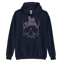 A navy blue hoodie adorned with a gold dot work human skull and the words Ink Union in fancy gold and purple lettering across the forehead of the skull.