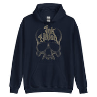 A navy blue hoodie adorned with a gold dot work human skull and the words Ink Union in fancy gold and black lettering across the forehead of the skull.