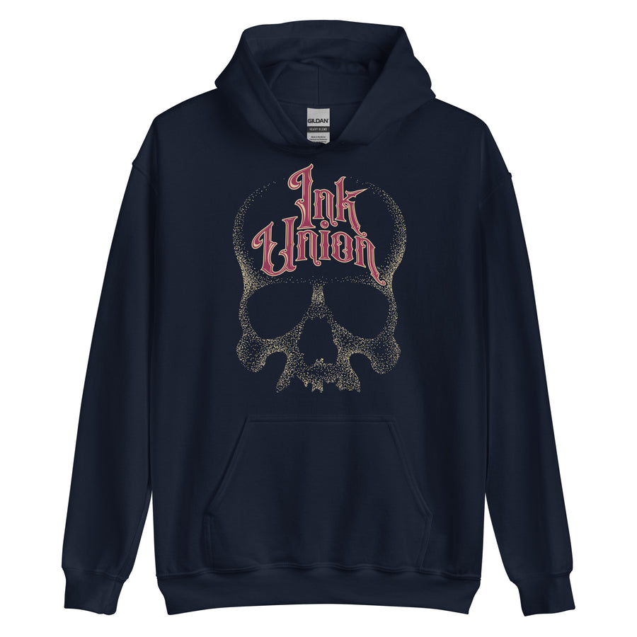A navy blue hoodie adorned with a gold dot work human skull and the words Ink Union in fancy gold and red lettering across the forehead of the skull.