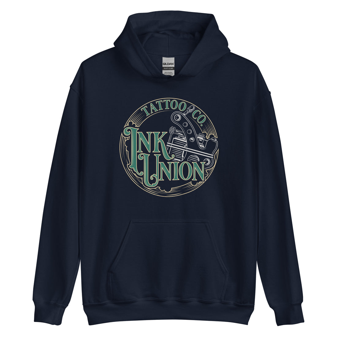 A navy blue hoodie with a gold circle containing fancy lettering in green and gold that says Ink Union and a gold tattoo machine peeking out from behind on the right side.  There is a dot work gradient inside the circle, and the words Tattoo Co. in gold are at the bottom of the design.