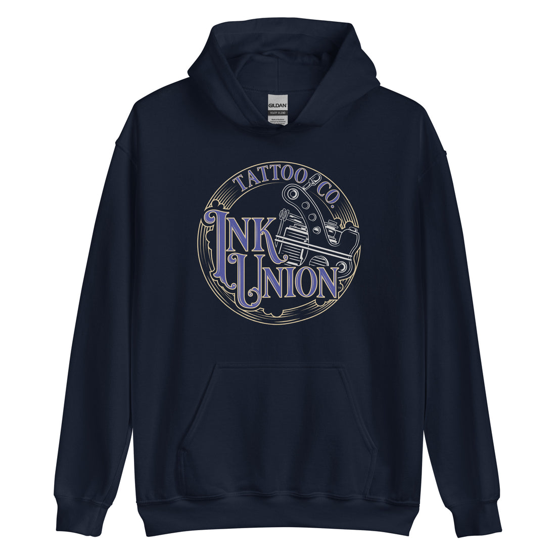 A navy blue  hoodie adorned with the Ink Union Tattoo Co. blue and gold with a silver tattoo machine logo.