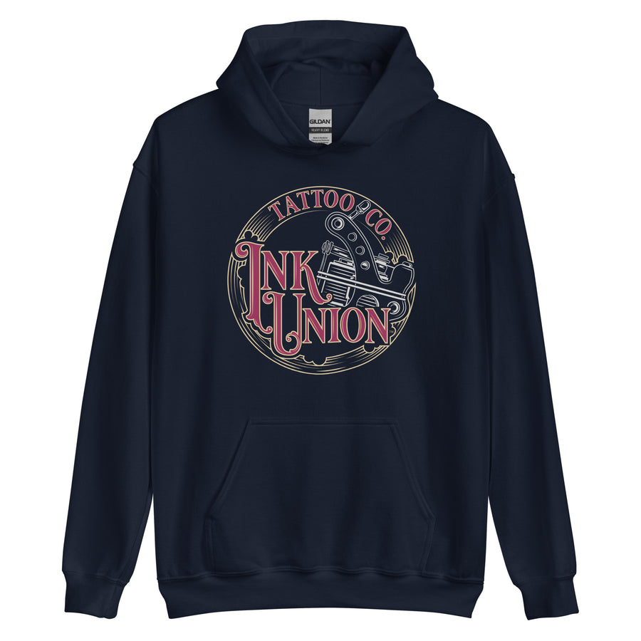 A navy blue  hoodie adorned with the Ink Union Tattoo Co. red and gold with a silver tattoo machine logo.