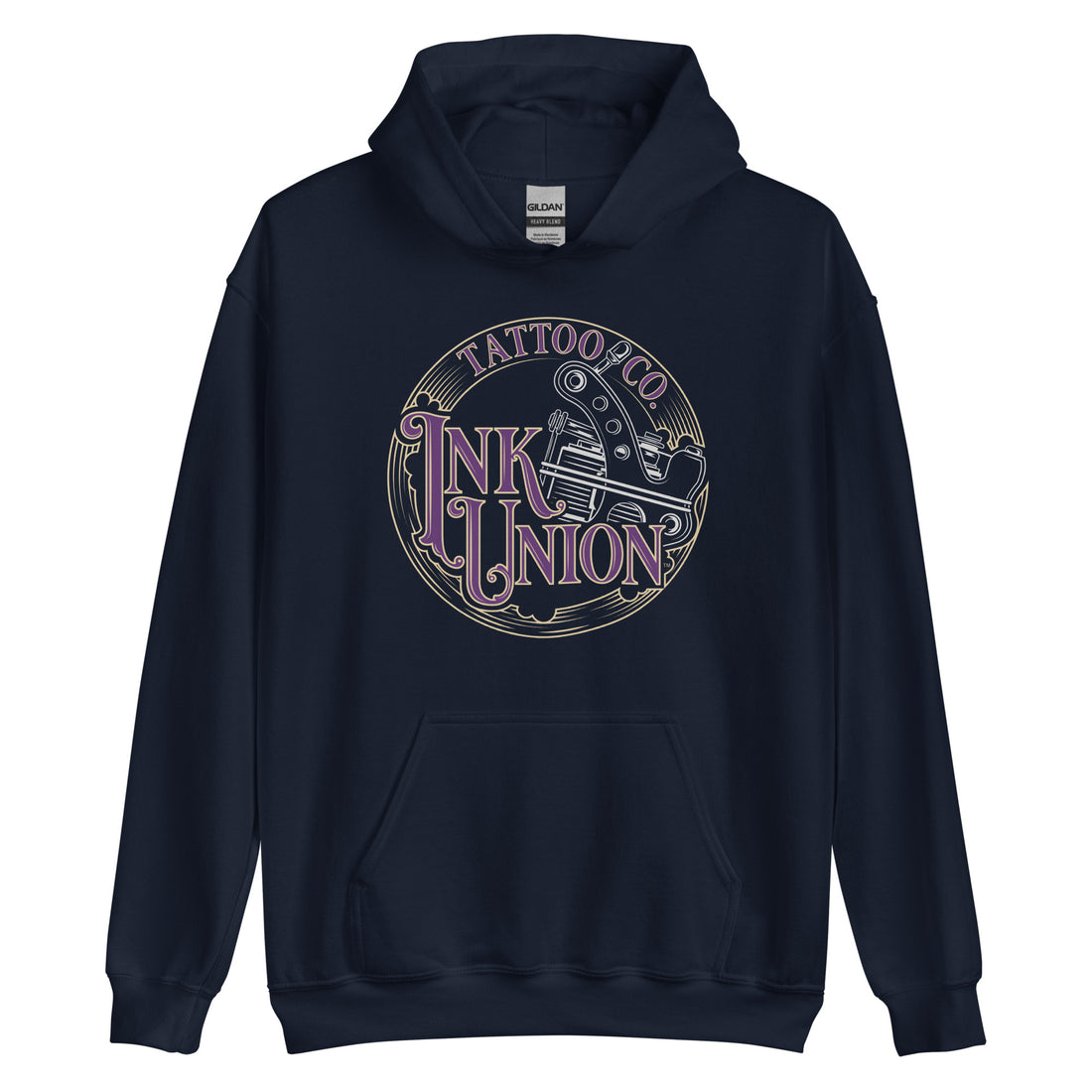 A navy blue  hoodie adorned with the Ink Union Tattoo Co.  purple and gold with a silver tattoo machine logo.