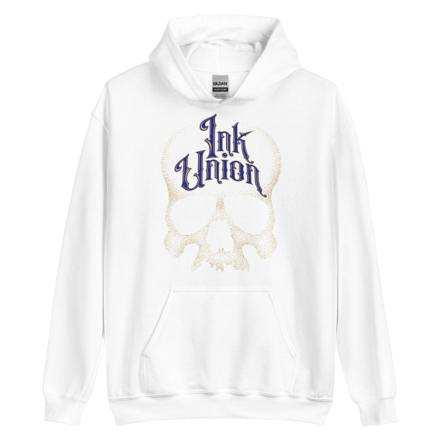 A white hoodie adorned with a gold dot work human skull and the words Ink Union in fancy gold and blue lettering across the forehead of the skull.