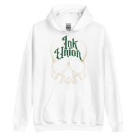 A white hoodie adorned with a gold dot work human skull and the words Ink Union in fancy gold and green lettering across the forehead of the skull.