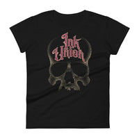  A black t-shirt with a gold dot work human skull and the words Ink Union in fancy gold and red lettering across the forehead of the skull.