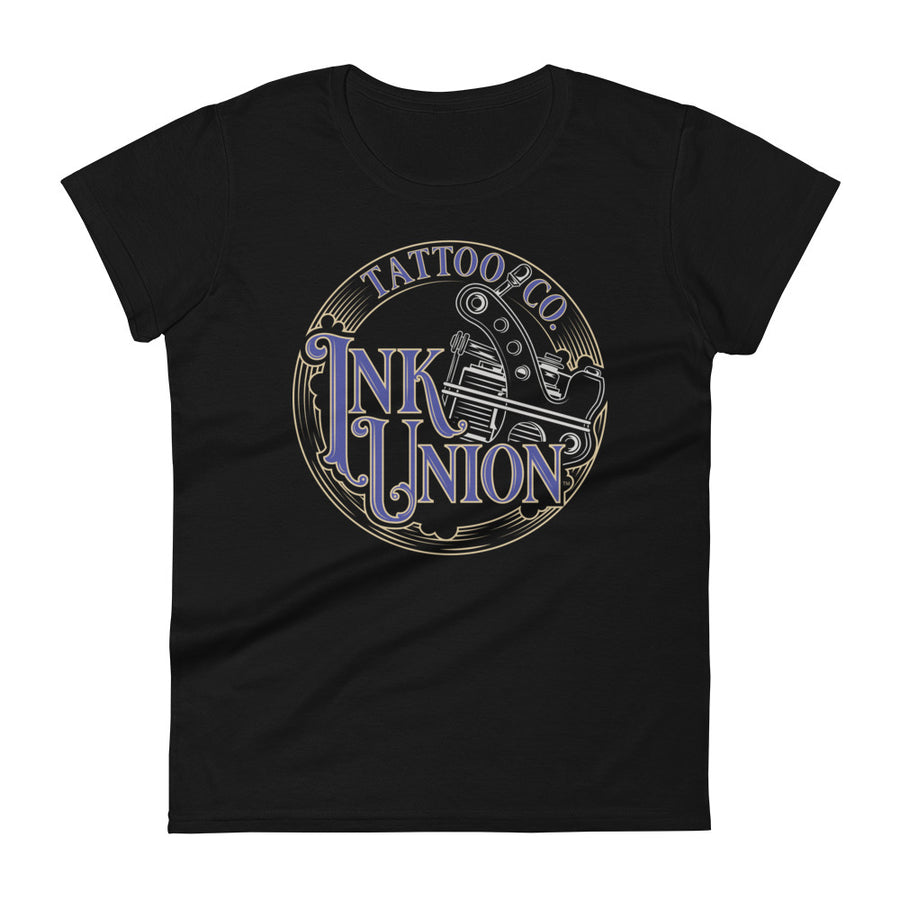 A black t-shirt adorned with the Ink Union Tattoo Co. blue and gold with a silver tattoo machine logo.