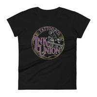 A black t-shirt adorned with the Ink Union Tattoo Co. purple and gold with a silver tattoo machine logo.