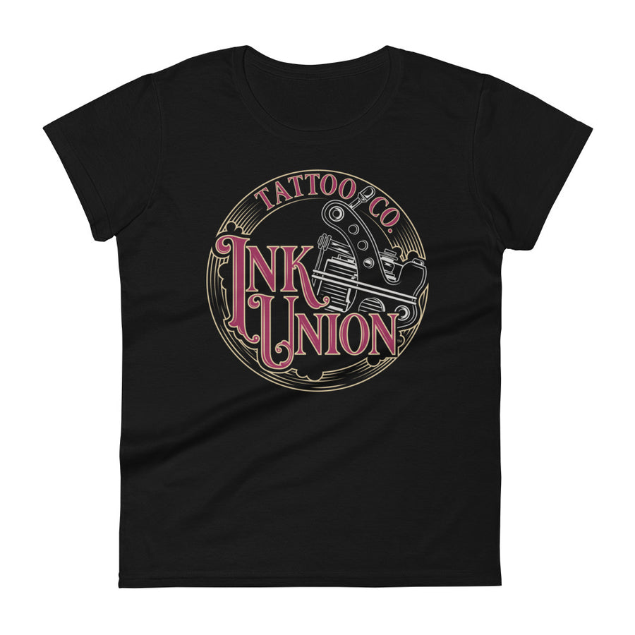 A black t-shirt adorned with the Ink Union Tattoo Co. red and gold with a silver tattoo machine logo.