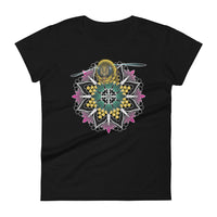 A black t-shirt with a mandala containing pink lotus flowers and honeycomb designs and a life-like honeybee flying toward you at the top of the mandala.