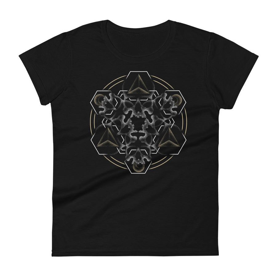 A black t-shirt with a mandala built from white dot work skulls and gold and white geometric shapes.