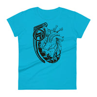 A blue t-shirt with a black grenade morphing into an anatomical heart.