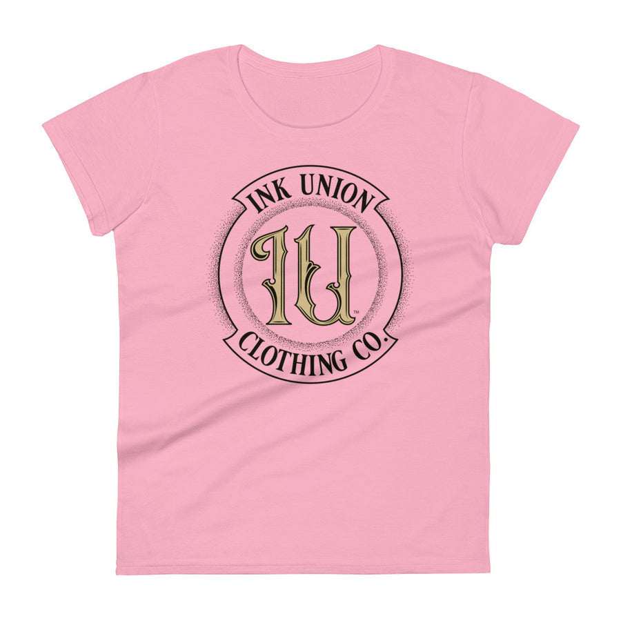 A pink t-shirt with the Ink Union Clothing Co Badge logo in black and gold centered on the front of the shirt.