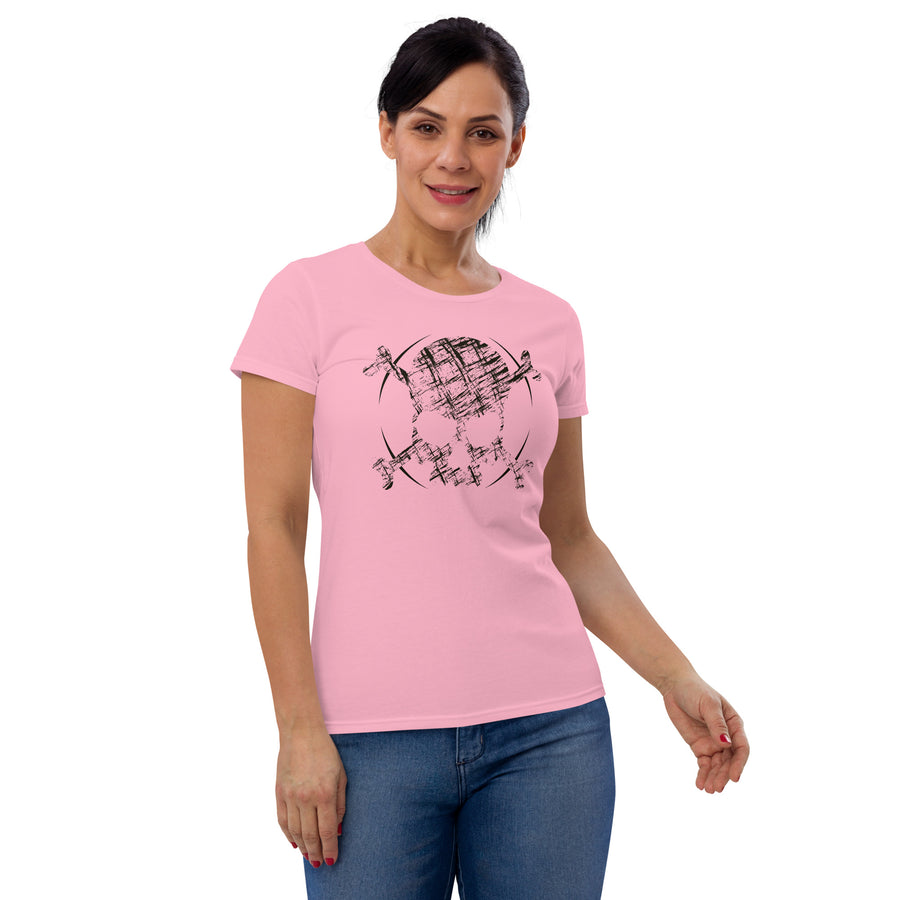 An attractive woman is wearing a pink t-shirt adorned with a roughly cross-hatched skull and crossbones in black.  Solid black arcs give the image the impression of movement towards the end of the crossbones.
