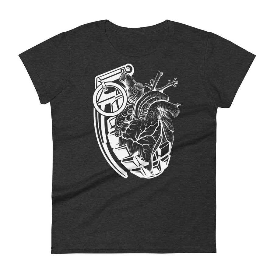 A dark grey t-shirt with a white grenade that is partially morphed into an anatomical heart.