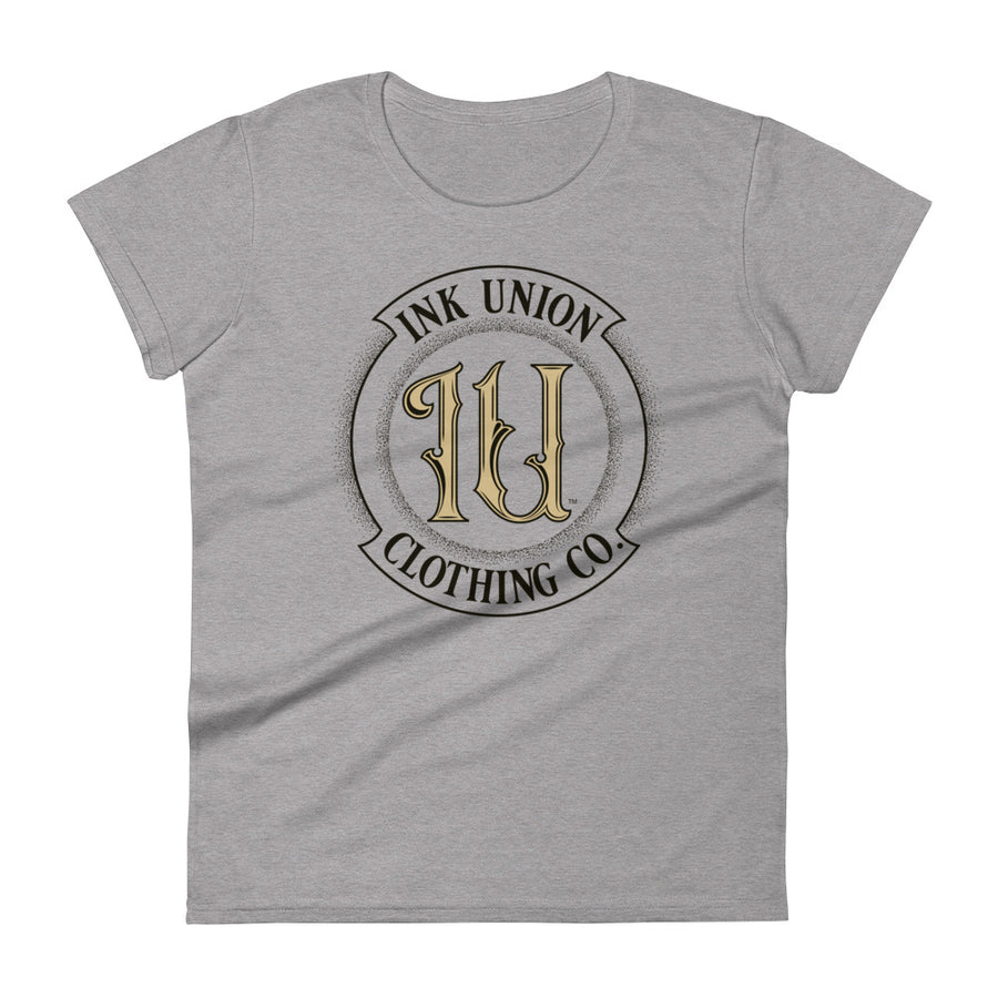 A light grey t-shirt with the Ink Union Clothing Co Badge logo in black and gold centered on the front of the shirt.