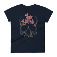 A navy t-shirt with a gold dot work human skull and the words Ink Union in fancy gold and red lettering across the forehead of the skull.