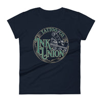 A navy blue t-shirt adorned with the Ink Union Tattoo Co. green and gold with a Silver tattoo machine logo.