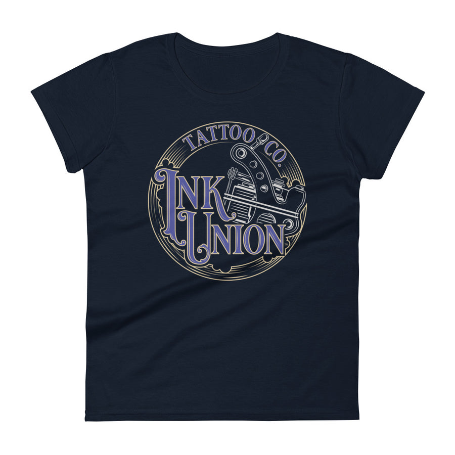 A navy-blue t-shirt adorned with the Ink Union Tattoo Co. blue and gold with a silver tattoo machine logo.