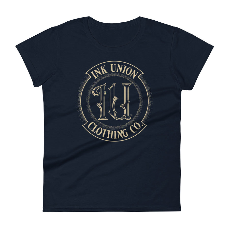 A navy blue t-shirt adorned with the Ink Union Clothing Co gold badge logo containing fancy lettering and dot work gradients.