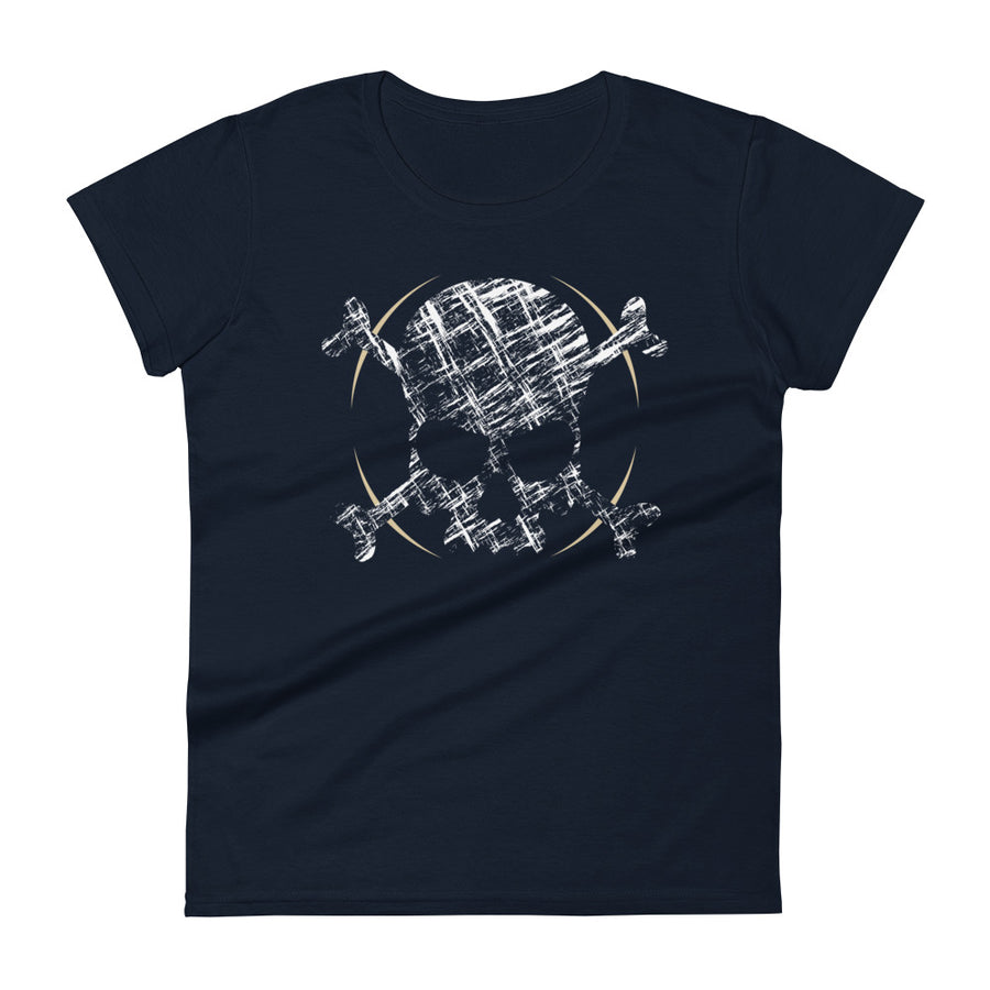 A navy blue t-shirt adorned with a roughly cross-hatched skull and crossbones in white.  Solid gold arcs give the image the impression of movement towards the end of the crossbones.