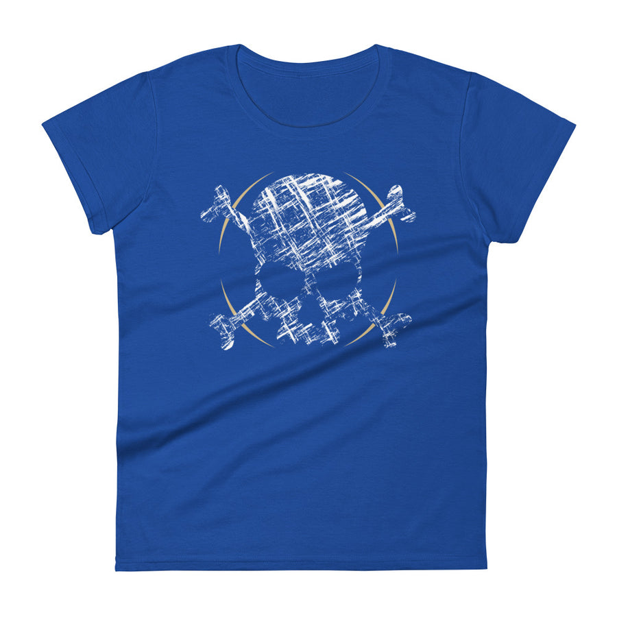 A blue t-shirt adorned with a roughly cross-hatched skull and crossbones in white.  Solid gold arcs give the image the impression of movement towards the end of the crossbones.