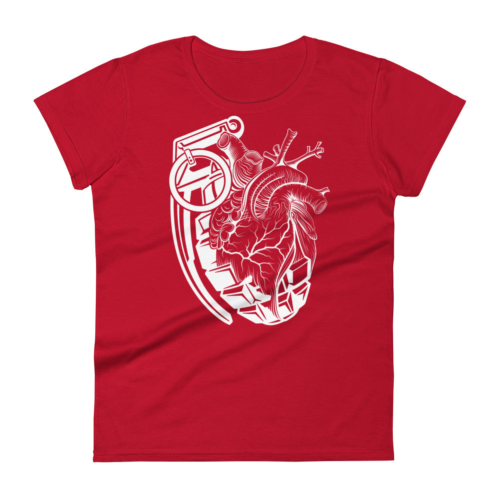 A red t-shirt with a white grenade that is partially morphed into an anatomical heart.