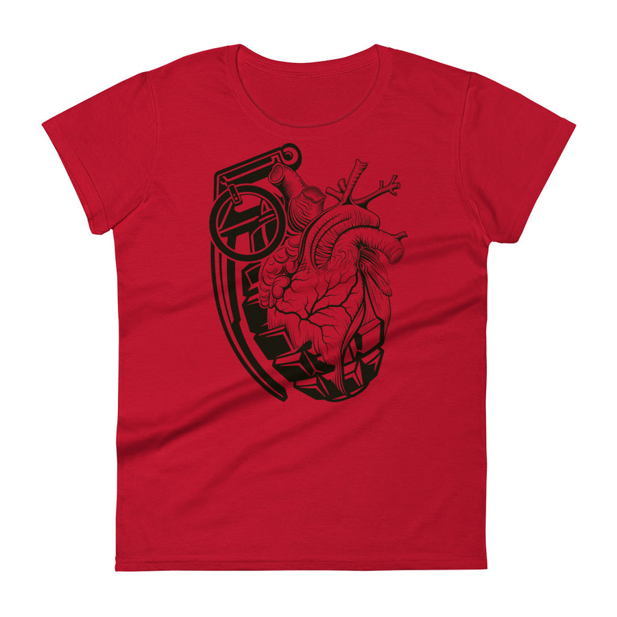A red t-shirt with a black grenade morphing into an anatomical heart.
