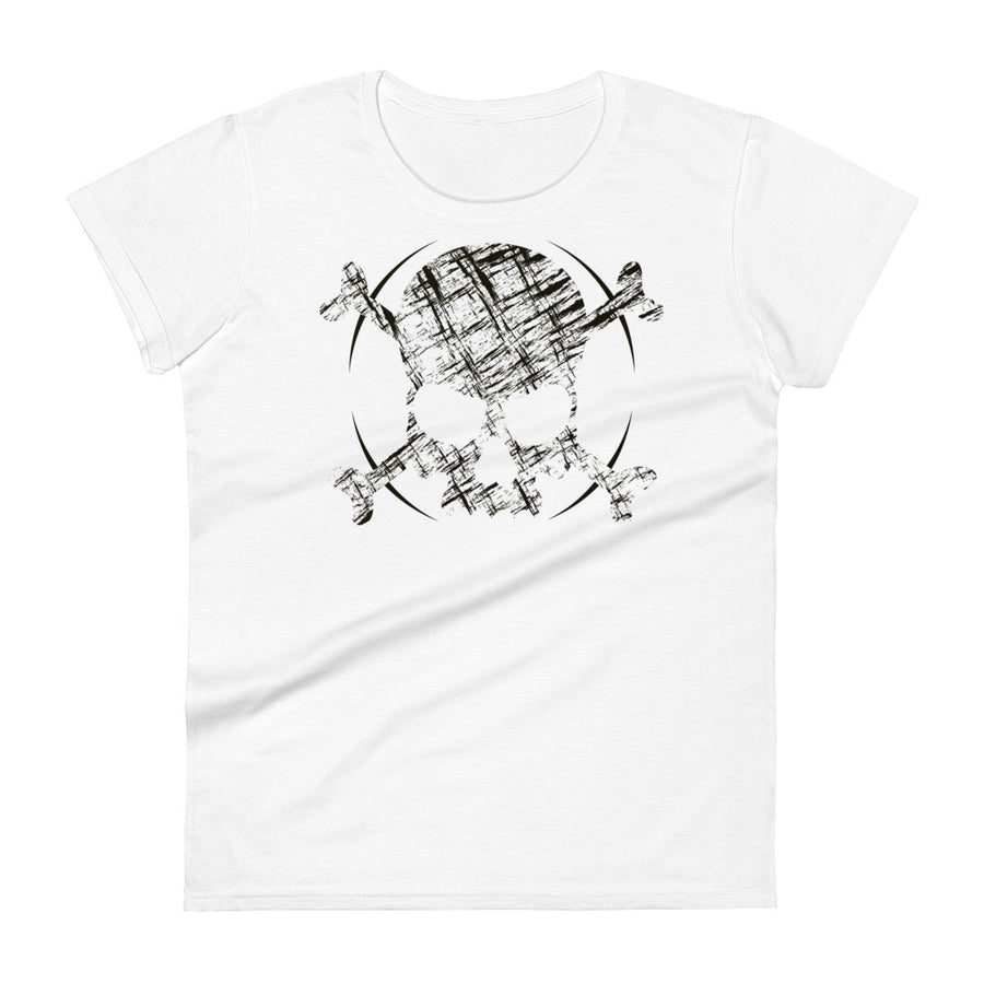 A white t-shirt with a roughly cross-hatched skull and crossbones in black.  Solid black arcs give the image the impression of movement towards the end of the crossbones.