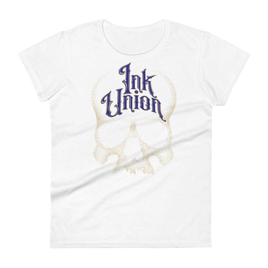 A white t-shirt adorned with a gold dot work human skull  and the words Ink Union in fancy gold and blue lettering across the forehead of the skull.