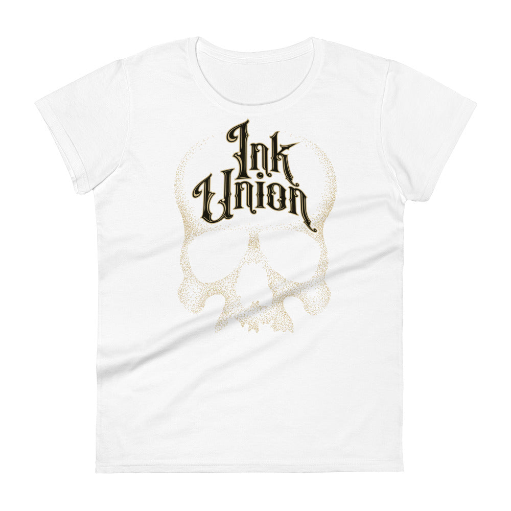 A white t-shirt adorned with a gold dot work human skull  and the words Ink Union in fancy gold and black lettering across the forehead of the skull.