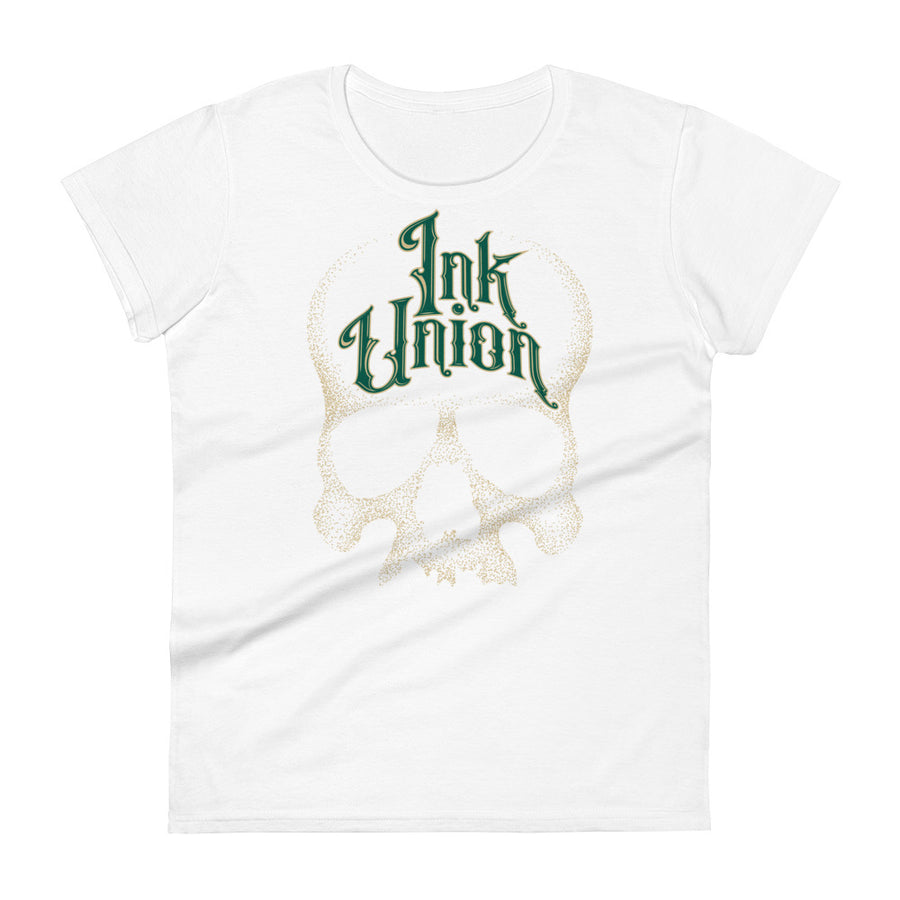 A white t-shirt adorned with a gold dot work human skull  and the words Ink Union in fancy gold and green lettering across the forehead of the skull.