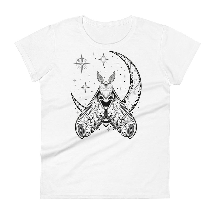 A white t-shirt with a black crescent moon and stars with an ornate moth in front of the bottom of the moon facing upward.