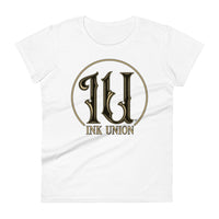 Ink Union Clothing Co. white t-shirt featuring the Ink Union ring logo in black and gold.